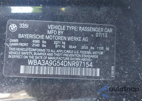 2013 BMW 335 из США, поврежденный, VIN WBA3A9G54DNR97154